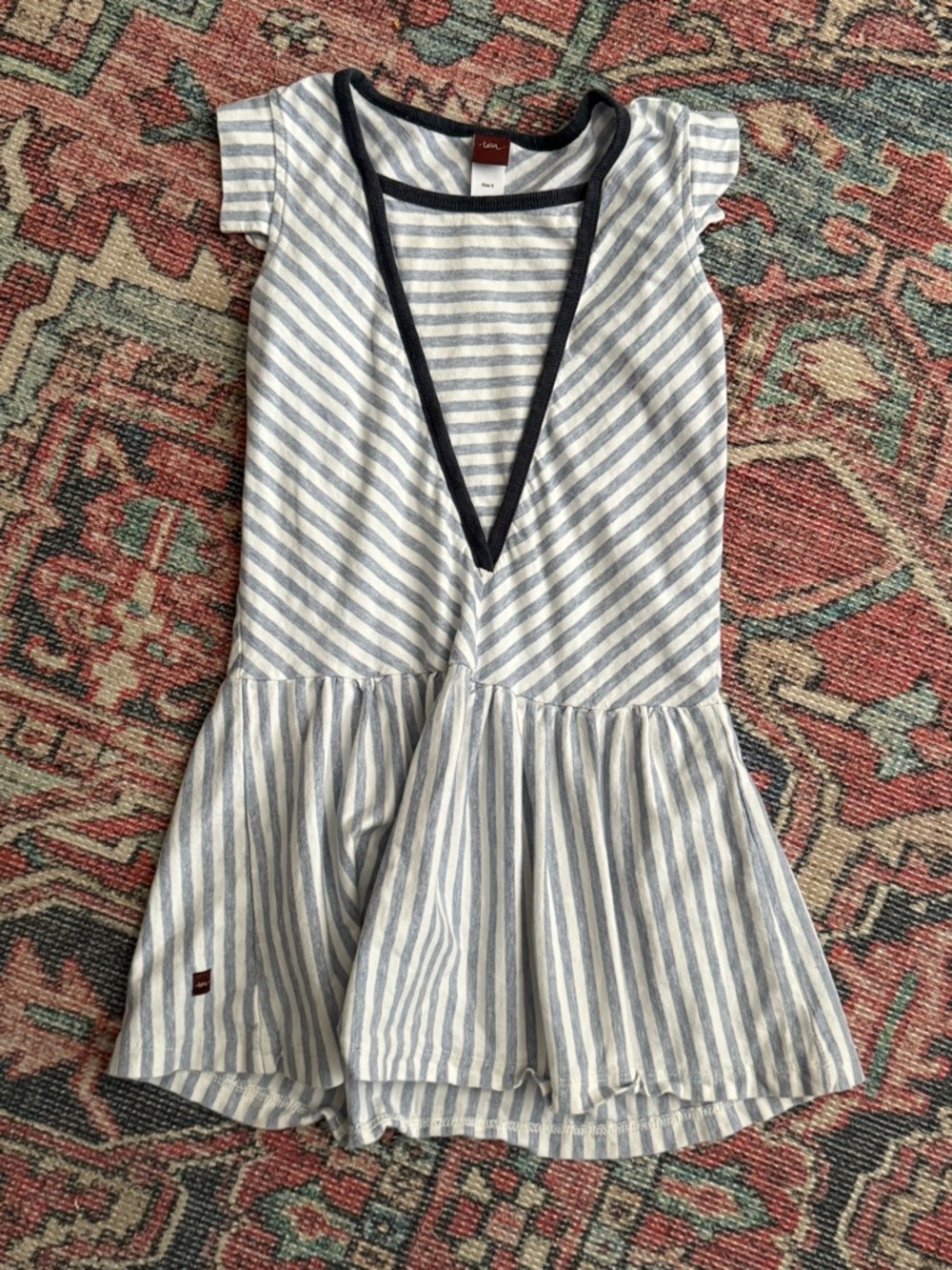 Tea Collection Blue & White Striped Girls Drop Waist Dress with Navy Trim